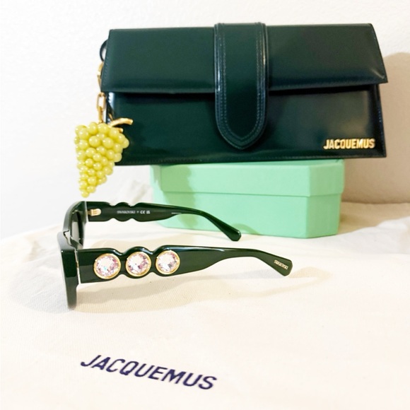 Swarovski Dark Emerald Green Crystal Arm Embellished Rectangular Sunglasses NEW - Picture 4 of 13